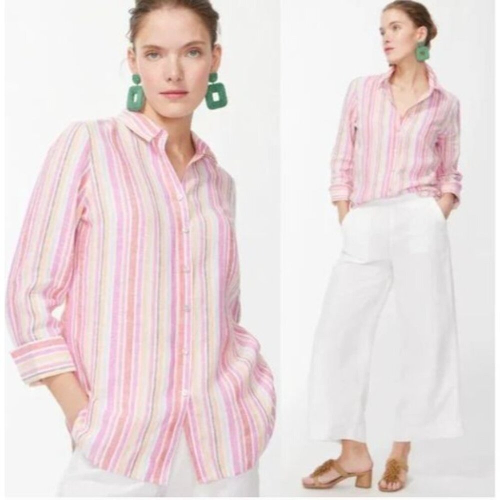 Chicos Womens 16 Pink Orange Striped 100% Linen Button Up Shirt Long Sleeve‎ Top